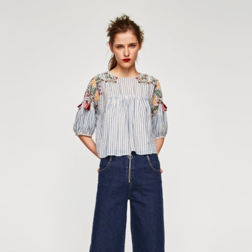 Zara Stripped Embroided Top & Tassels ||Size L||